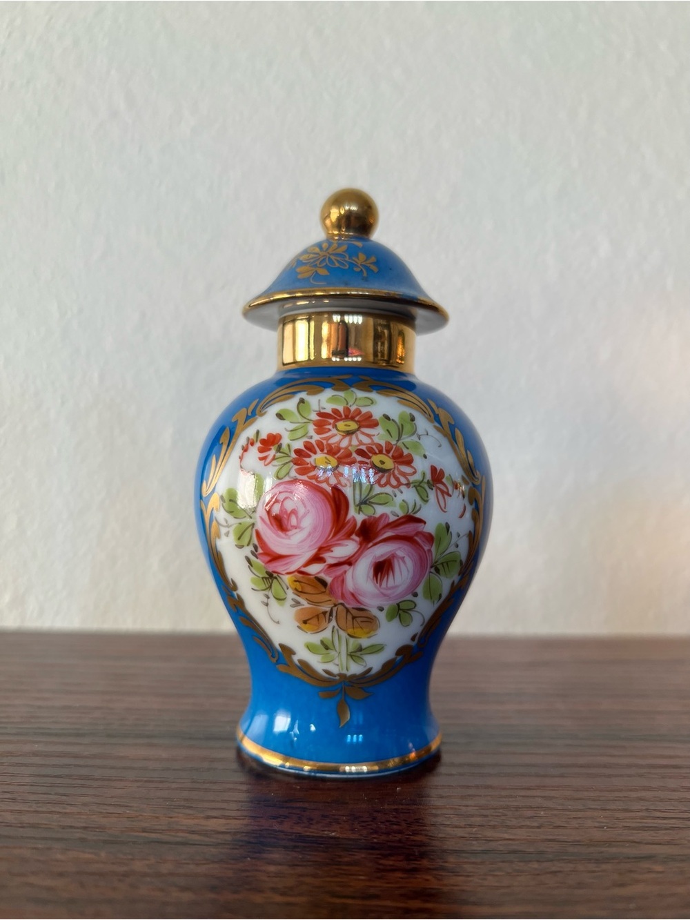 Limoges Minature Blue Porcelain Ginger Jar Floral Gold Trim
